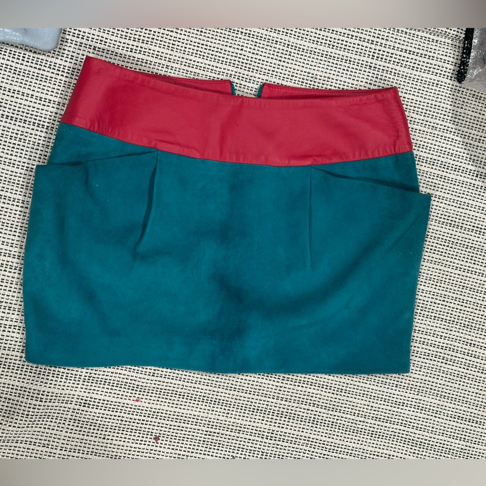 LACOSTE STUDIO Leather/Suede Skirt in Crimson and Emerald